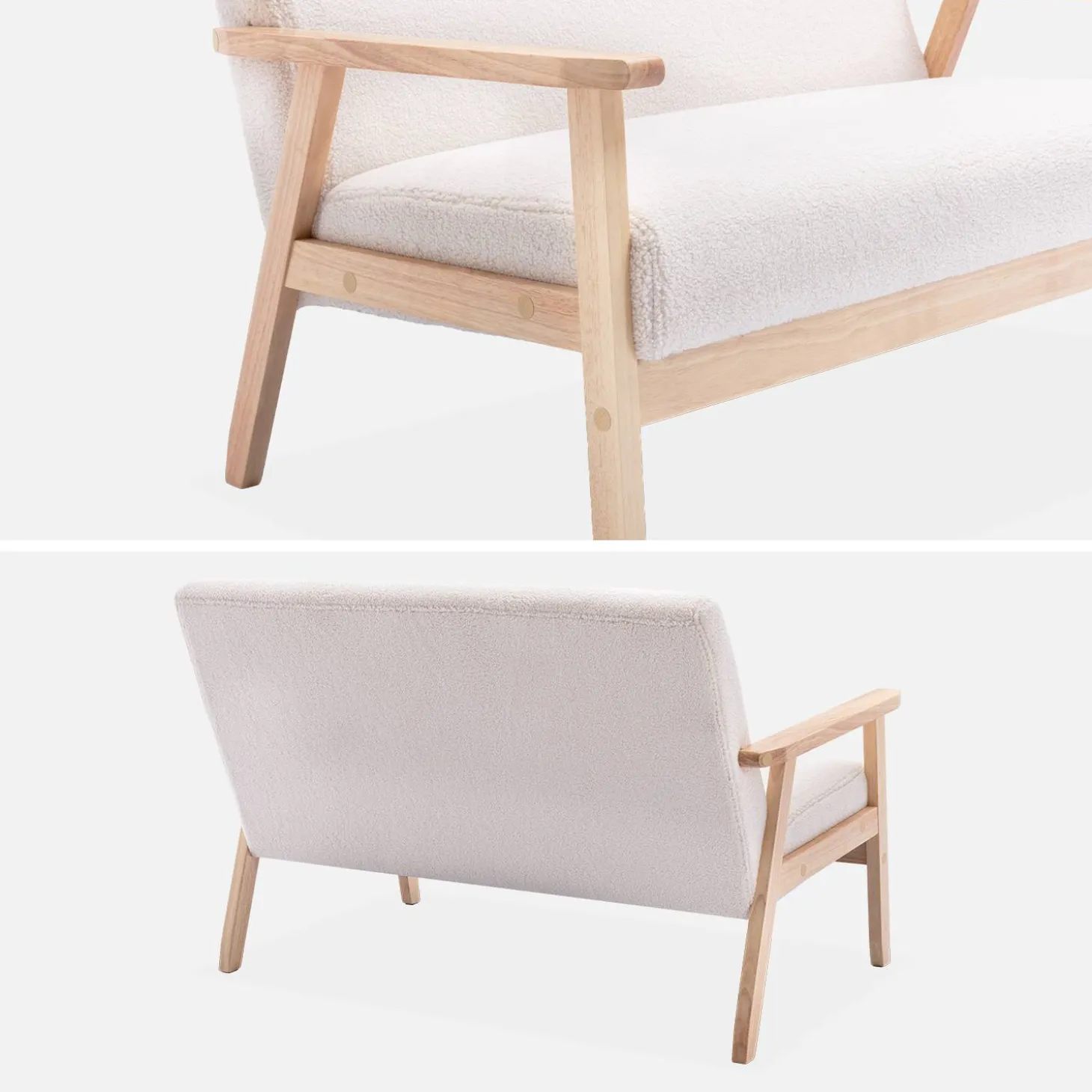 Sofá o banco de borreguito y patas de madera, 2 plazas