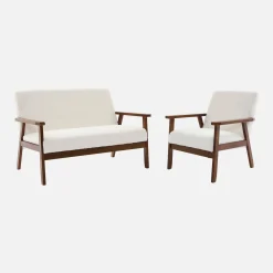 Sofá y sillón 2 plazas en tejido borreguito, patas teñidas madera oscura
