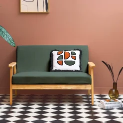 Sofá-banco de pana con patas de madera, 2 plazas