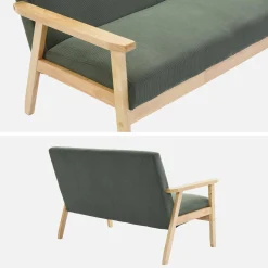 Sofá-banco de pana con patas de madera, 2 plazas