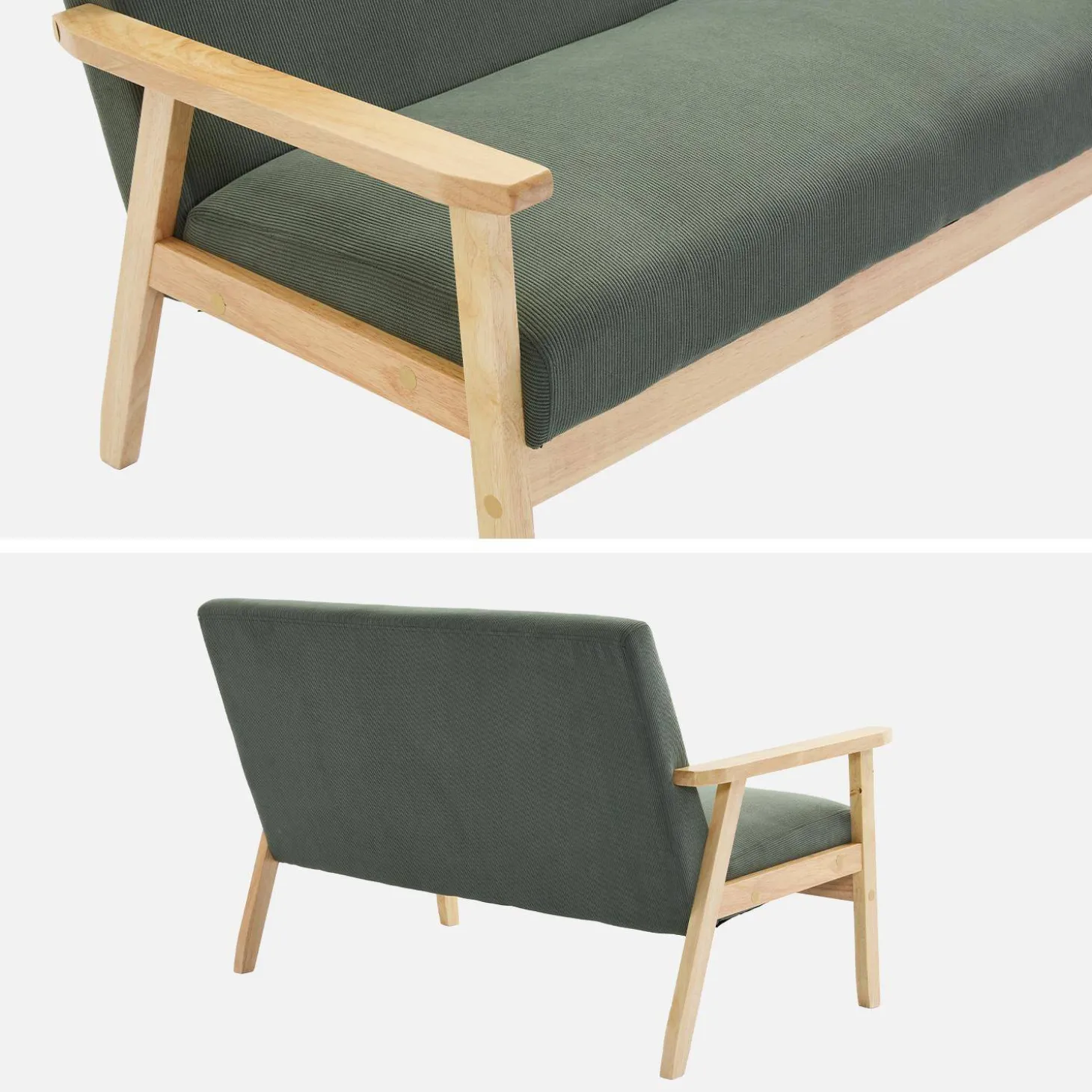 Sofá-banco de pana con patas de madera, 2 plazas