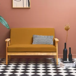 Sofá-banco de pana con patas de madera, 2 plazas