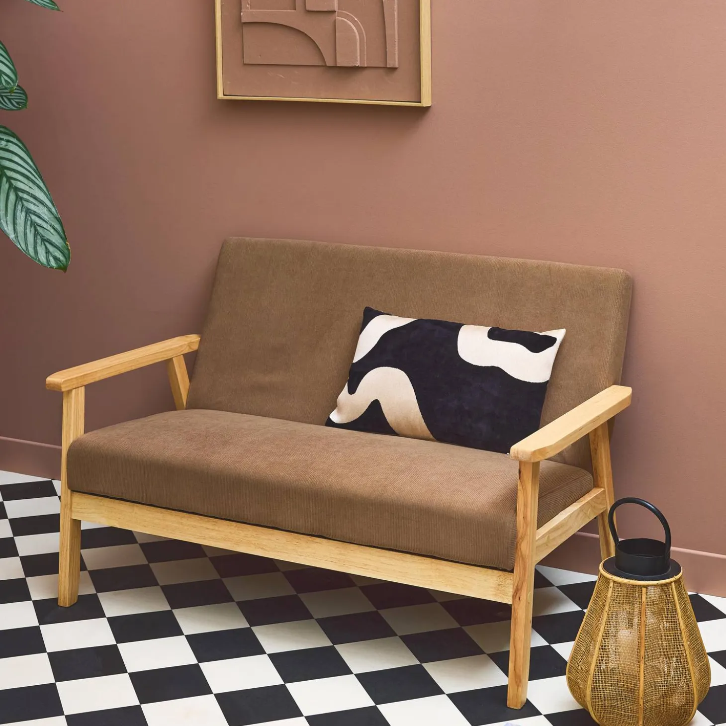 Sofá-banco de pana con patas de madera, 2 plazas