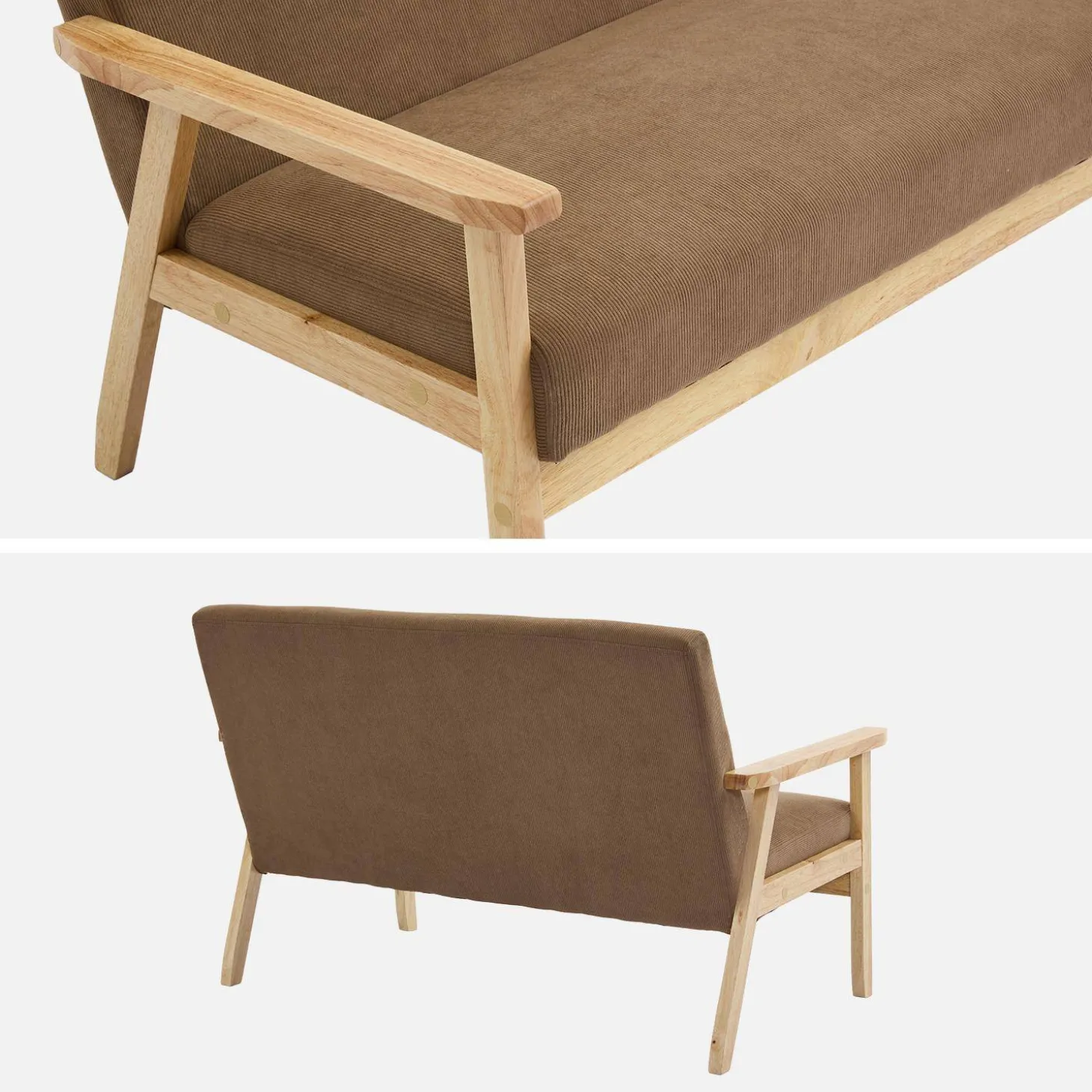 Sofá-banco de pana con patas de madera, 2 plazas
