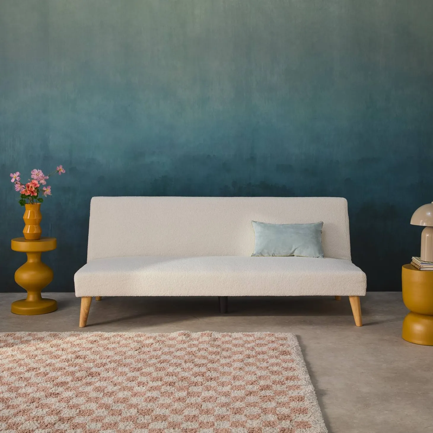 Sofá-cama borreguito con patas de madera, 3 plazas