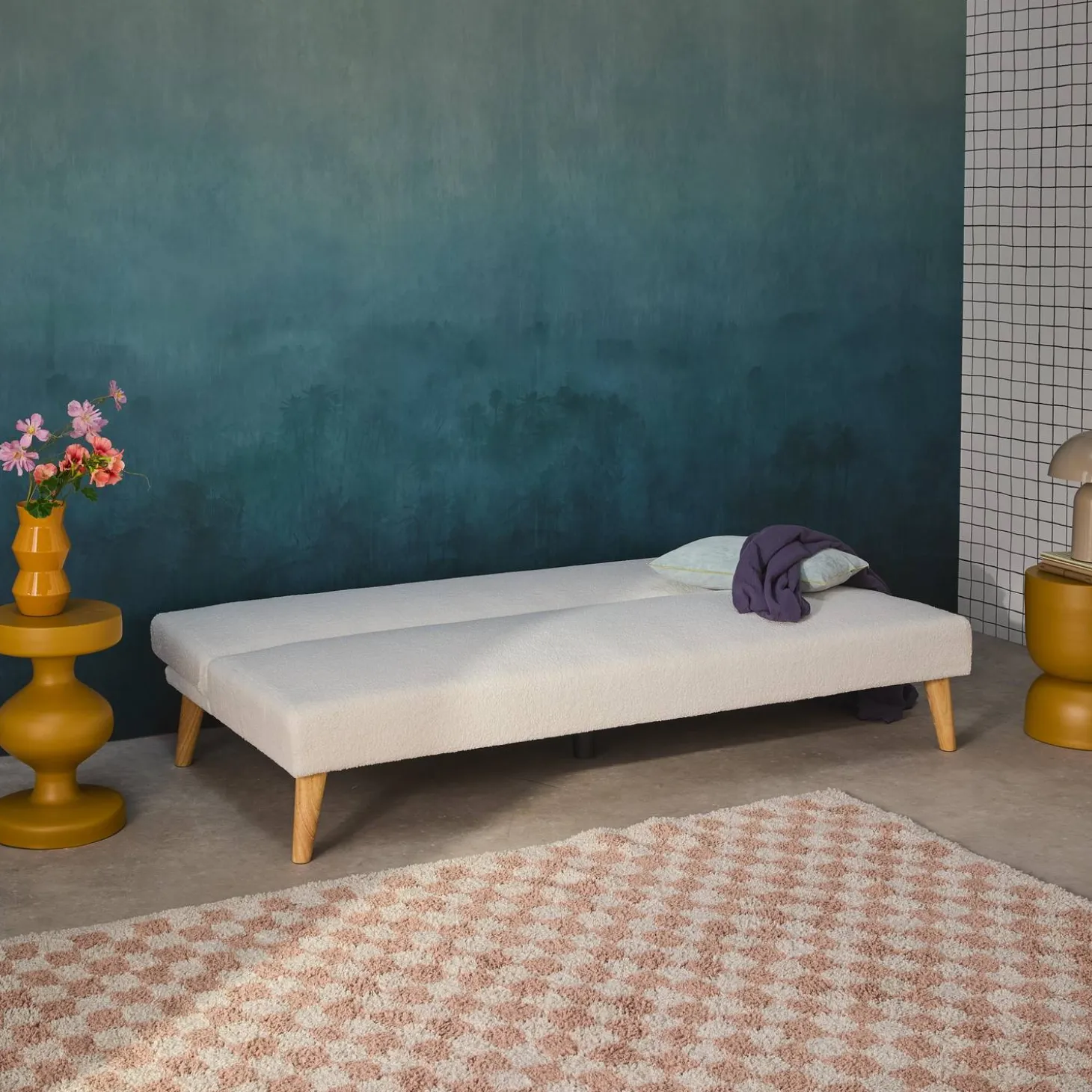 Sofá-cama borreguito con patas de madera, 3 plazas