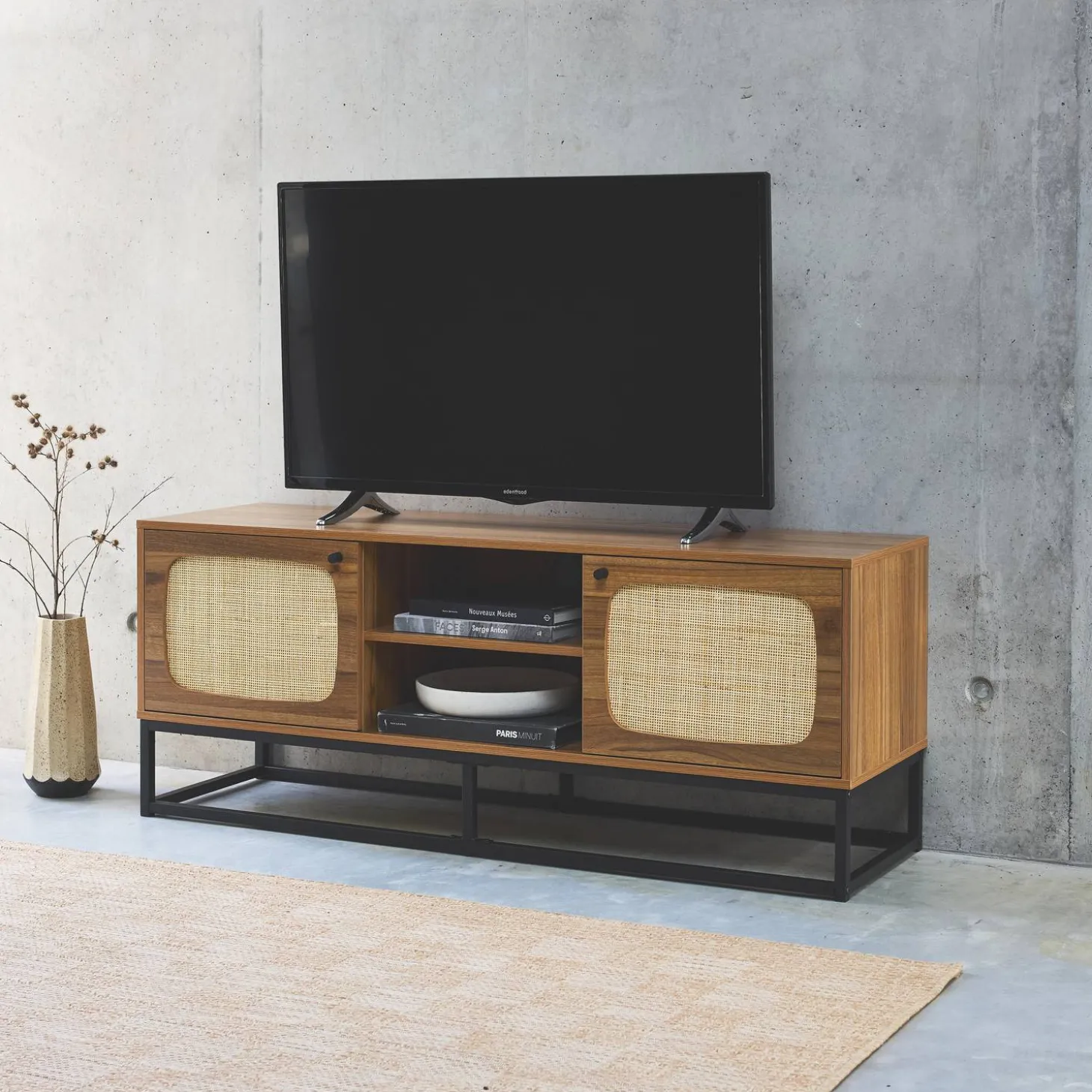 Soporte de TV de madera y caña redondeada 140cm