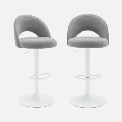 Taburete de bar ajustable de metal y tela con base blanca, set de 2