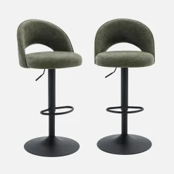 Taburete de bar ajustable de metal y tela con base negra, set de 2