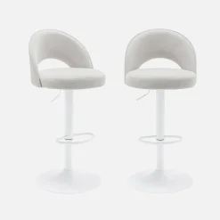 Taburete de bar ajustable de metal y tela con base blanca, set de 2