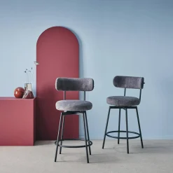 Taburete de bar asiento giratorio metal y tela simple, set de 2