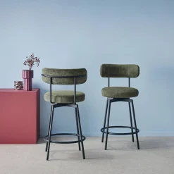 Taburete de bar asiento giratorio metal y tela simple, set de 2