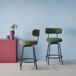 Taburete de bar asiento giratorio metal y tela simple, set de 2