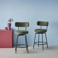 Taburete de bar asiento giratorio metal y tela simple, set de 2