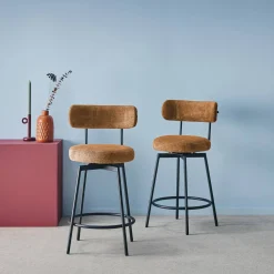 Taburete de bar asiento giratorio metal y tela simple, set de 2