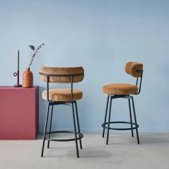 Taburete de bar asiento giratorio metal y tela simple, set de 2