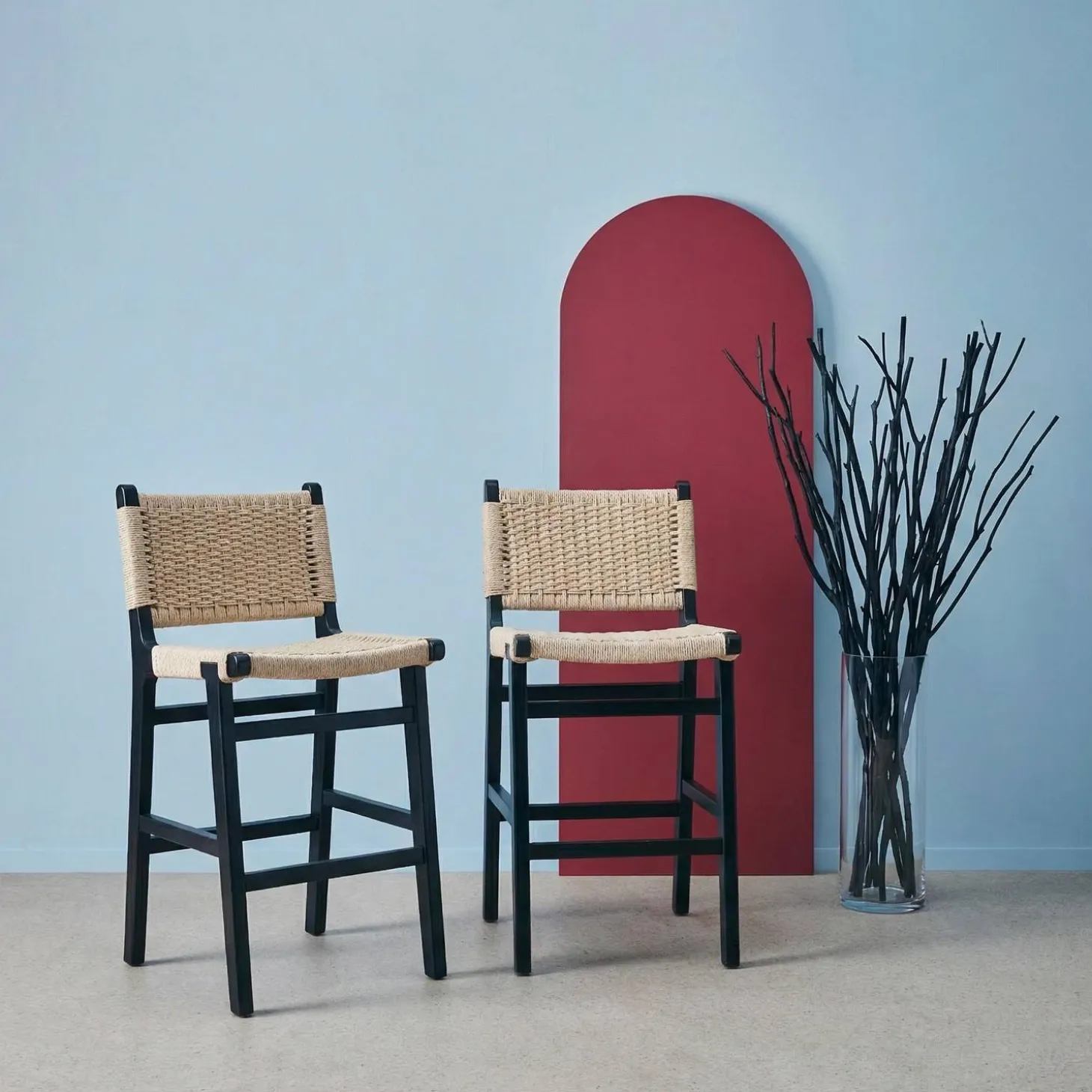 Taburete de bar de madera de hevea y asiento de cuerdas, set de 2