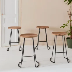 Taburete de bar de madera de mango y acero, 65cm, set de 4
