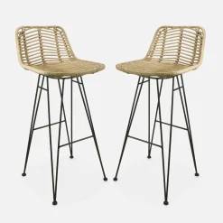 Taburete de bar de metal y ratán, set de 2