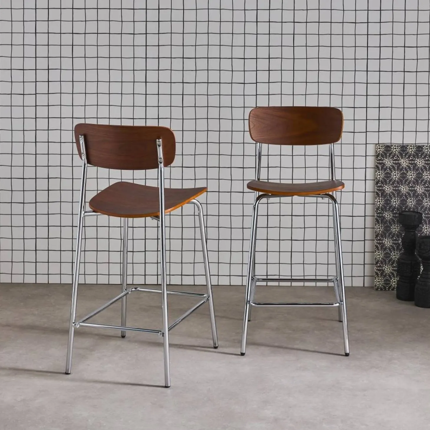Taburete de bar vintage metal y contrachapado, set de 2