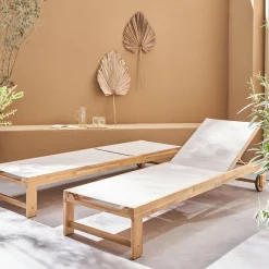 Tumbona de madera de acacia, multiposición, con ruedas, set de 2