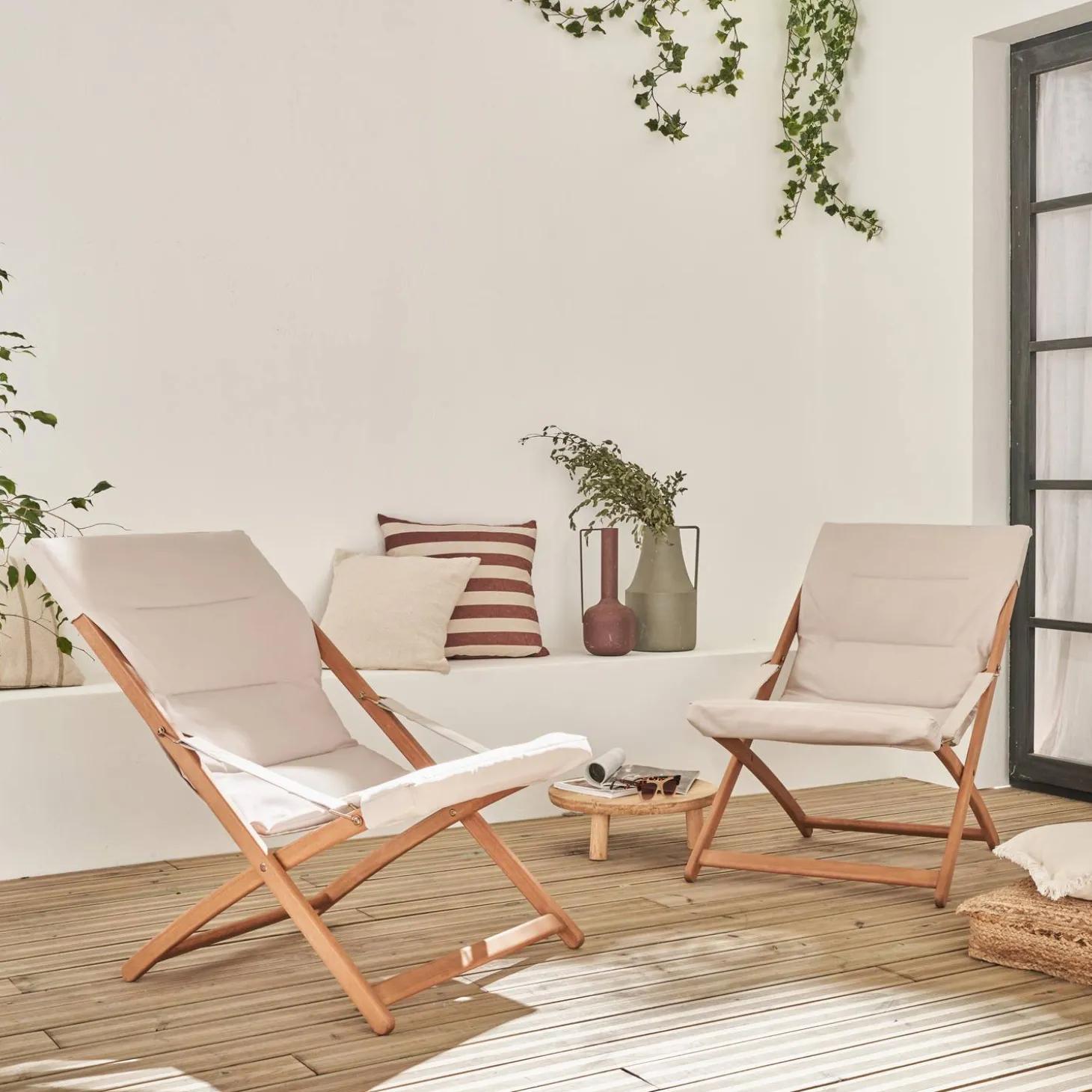 Tumbona de madera plegable con asiento acolchado, set de 2
