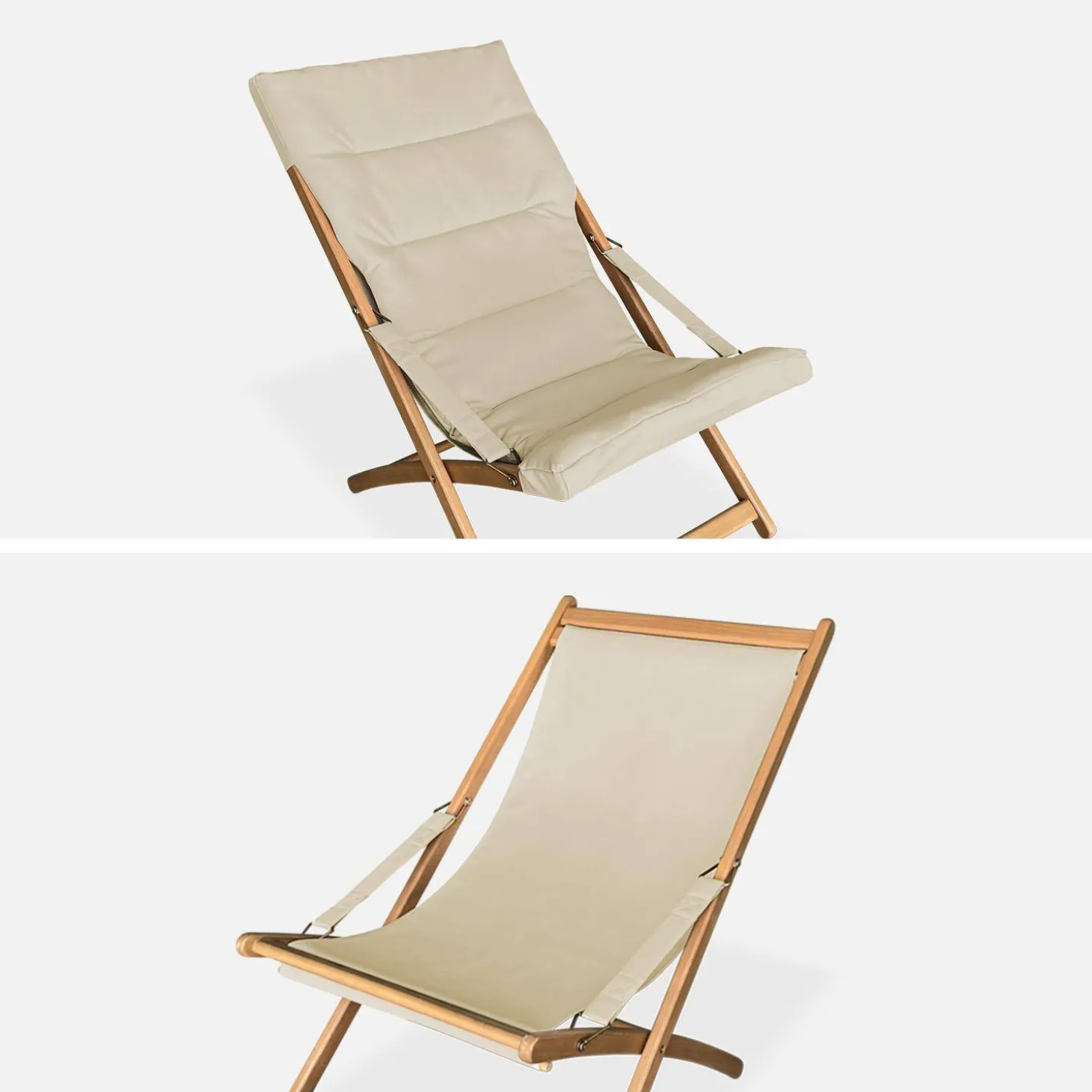 Tumbona de madera plegable con asiento acolchado, set de 2
